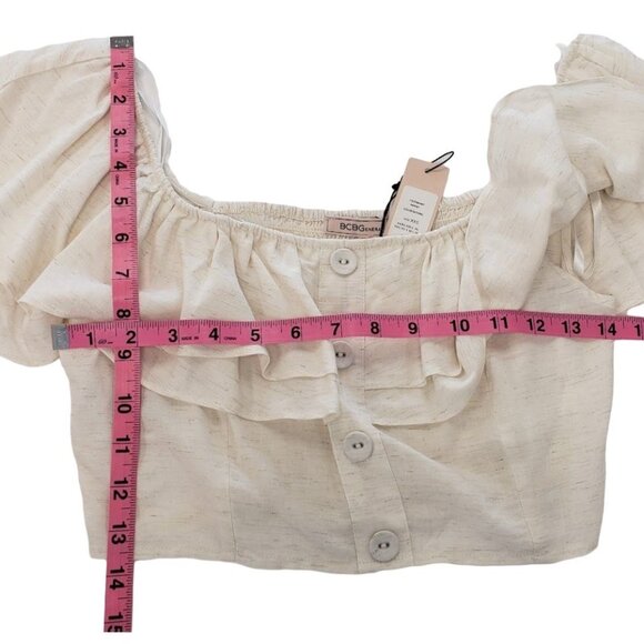 BCBGeneration Off The Shoulder Crop Top Women's XXS 2XS Ivory Ruffled Button NEW - Picture 4 of 11